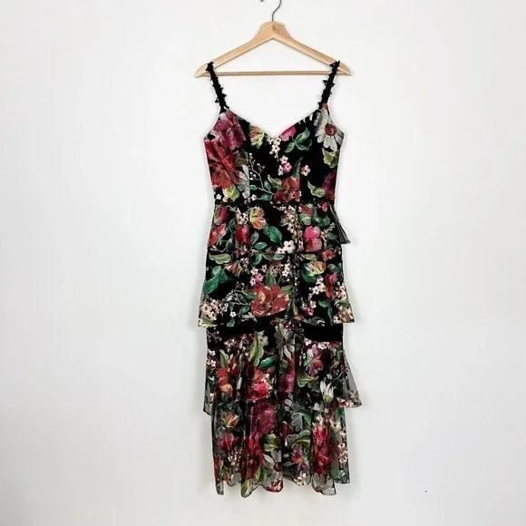 NWT $795 Marchesa Notte Tiered Floral Embroidered Dress Sz 4